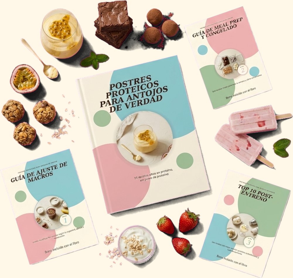 El libro Postres proteicos para antojos de verdad rodeado de postres, ingredientes y las tres guías de bono