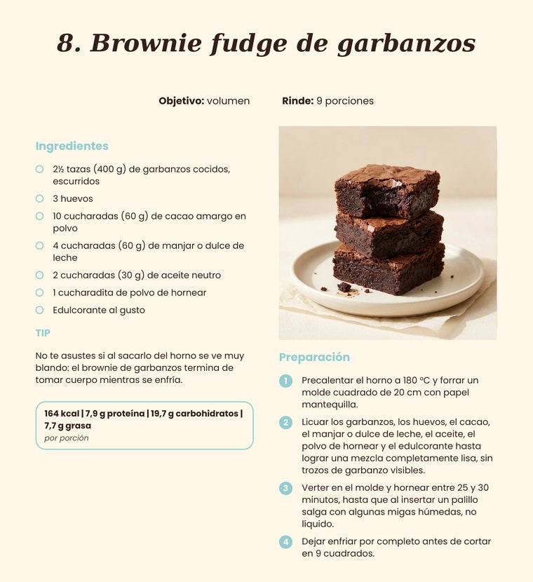 Página de la receta de brownie fudge de garbanzos