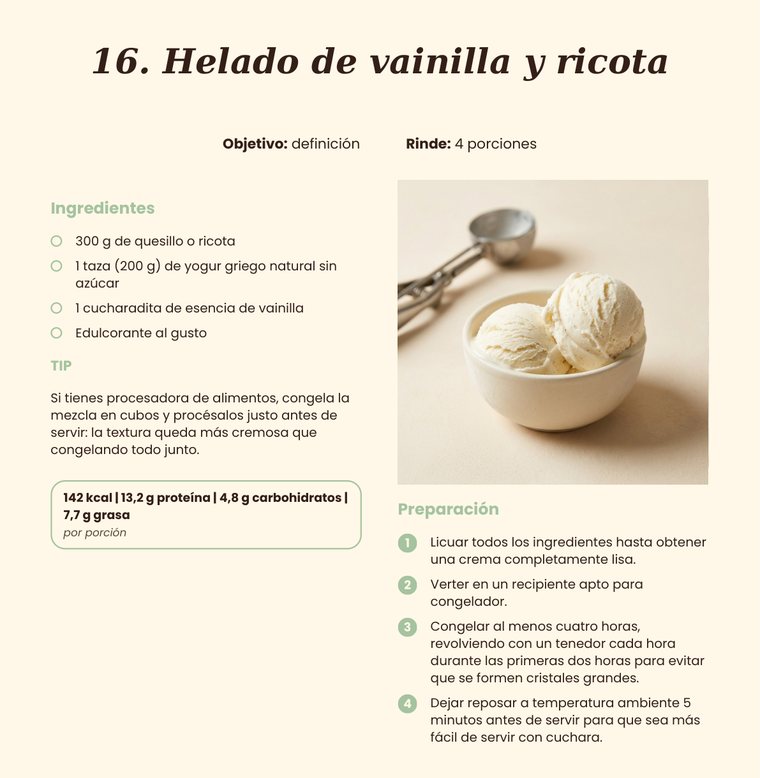 Página de la receta de helado de vainilla y ricota
